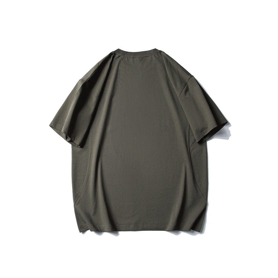 Plain dark olive oversized short-sleeve crew-neck T-shirt, shown from the back against a white background.