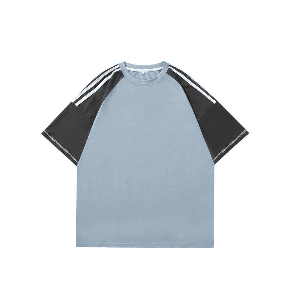 Light blue crew-neck T-shirt with dark gray raglan sleeves, white shoulder stripes and contrast stitching at the sleeve hems