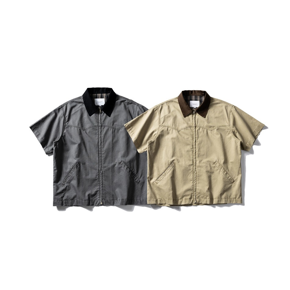 Two short-sleeve zip-front shirt jackets shown side by side in charcoal gray and beige, each with a contrasting collar.