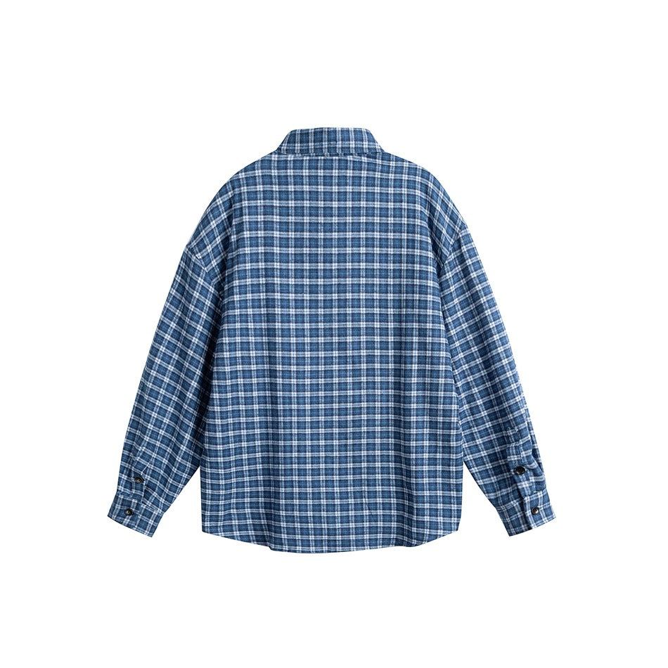 Back view of a blue-and-white plaid long-sleeve button-up shirt.