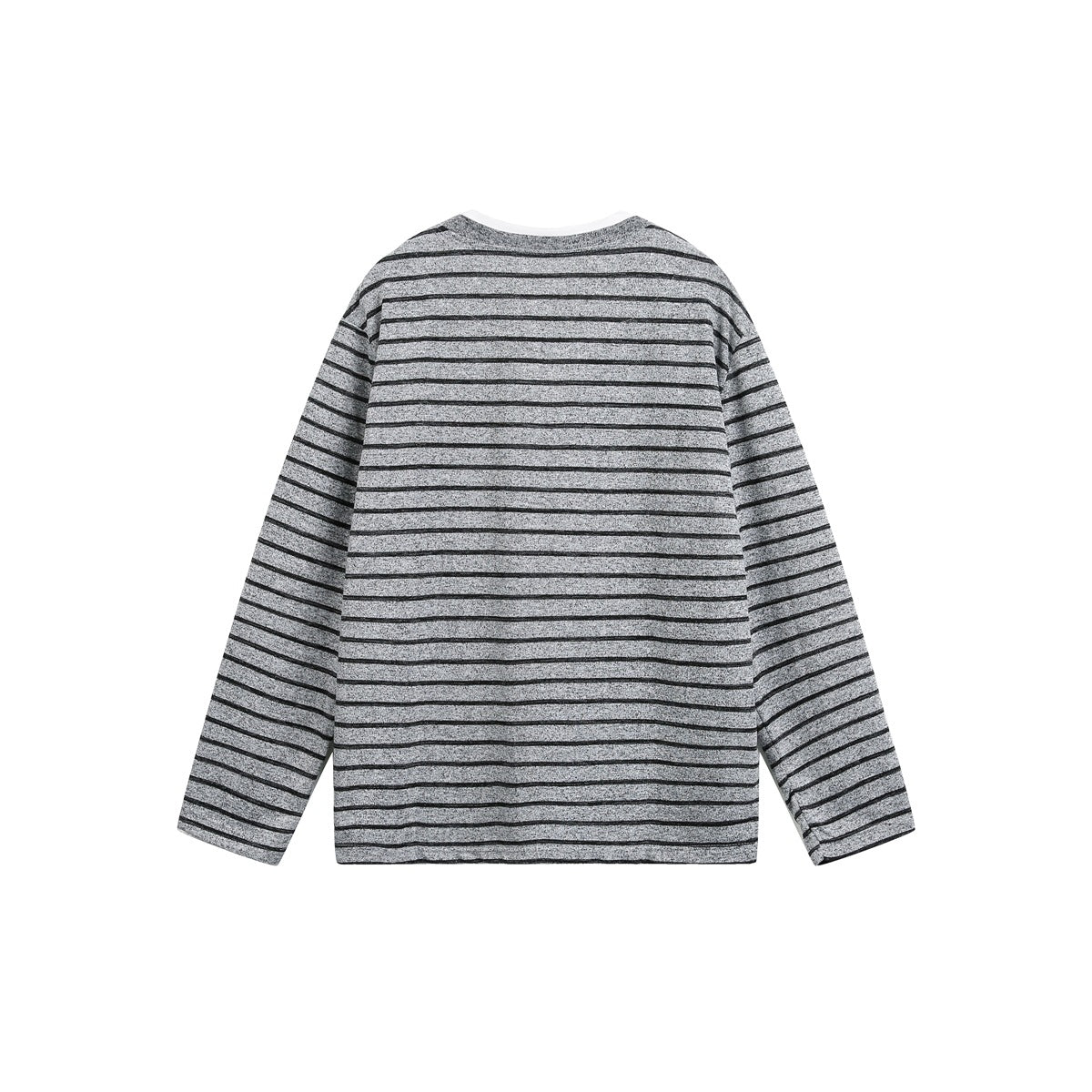 Back view of a light gray long-sleeve top with narrow horizontal black stripes.