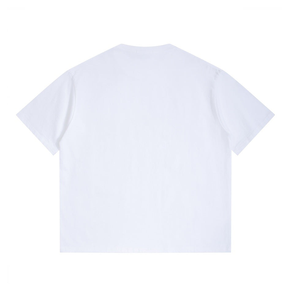 Back view of a plain white short-sleeve crew-neck T-shirt laid flat.