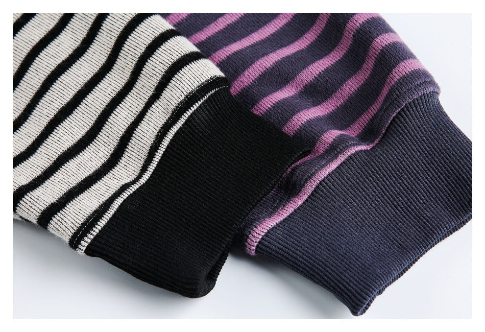 Close-up of ribbed cuffs on purple and navy, and cream and black striped garment colorways.