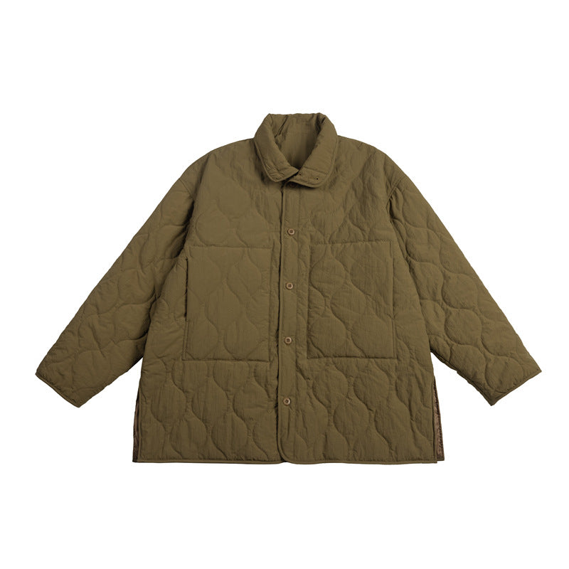 Khaki quilted button-front jacket with large patch pockets and a folded collar, flat lay