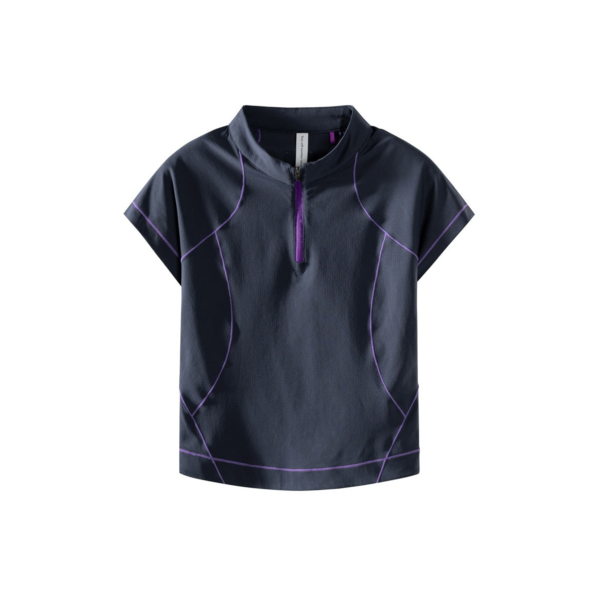 Navy half-zip short-sleeve top with purple contrast topstitching and zipper tape, flat front view