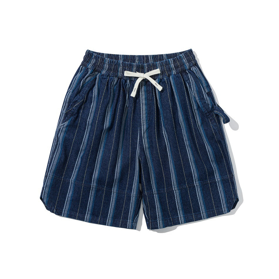 Blue striped denim-style shorts with elastic drawstring waist, front view on white background