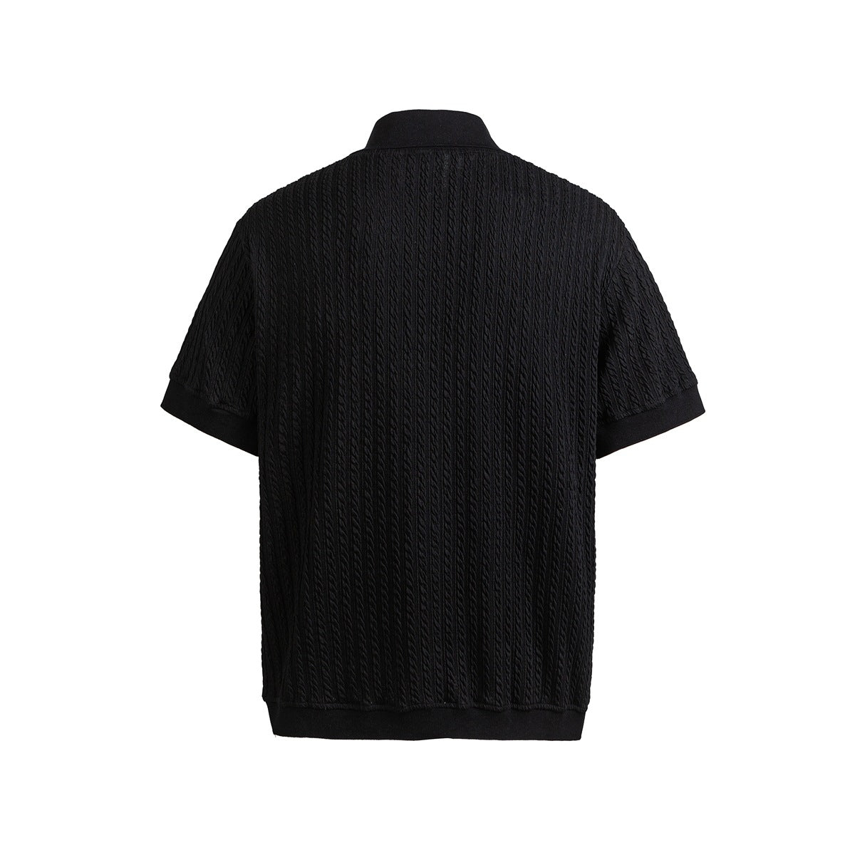 Black short-sleeve polo shirt with vertical cable-style texture and ribbed cuffs and hem, back view