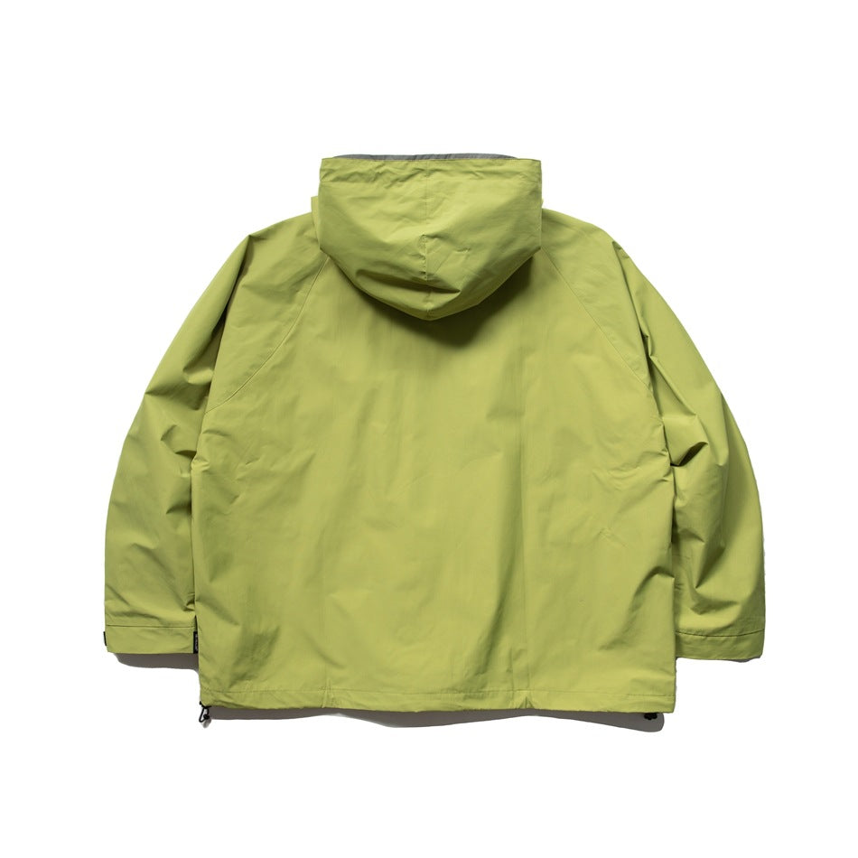 Back view of a lime green hooded pullover jacket on a white background.