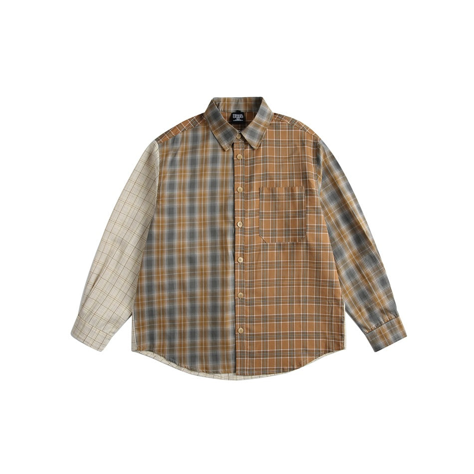Front of a long-sleeve patchwork plaid shirt in brown, gray and beige with chest pocket and buttons