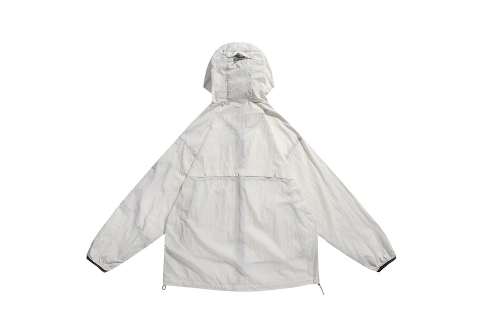 Back view of a white hooded jacket laid flat on white, with a small hood emblem and dark sleeve accents.