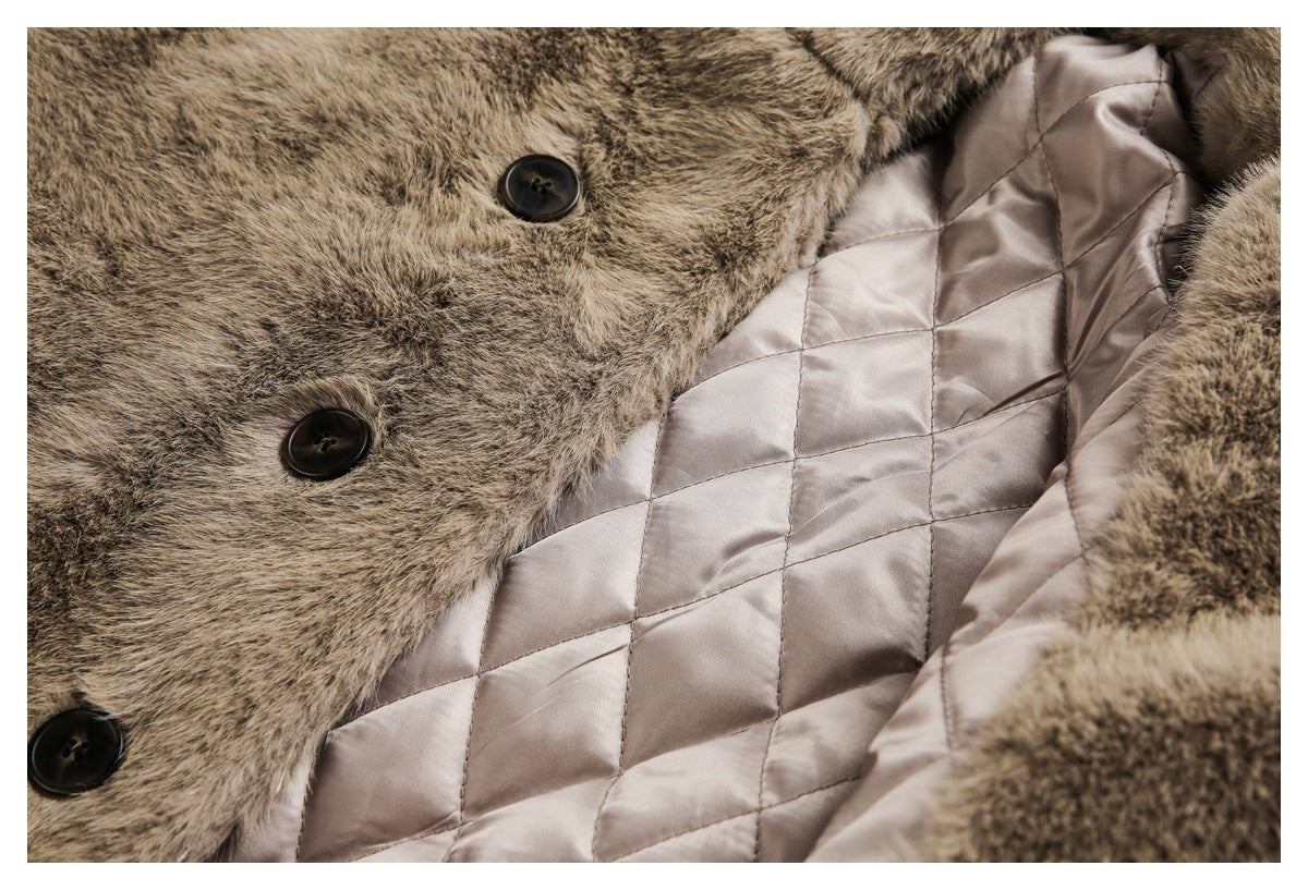 Close-up of a taupe-brown faux-fur coat showing dark buttons and a diamond-quilted lining.