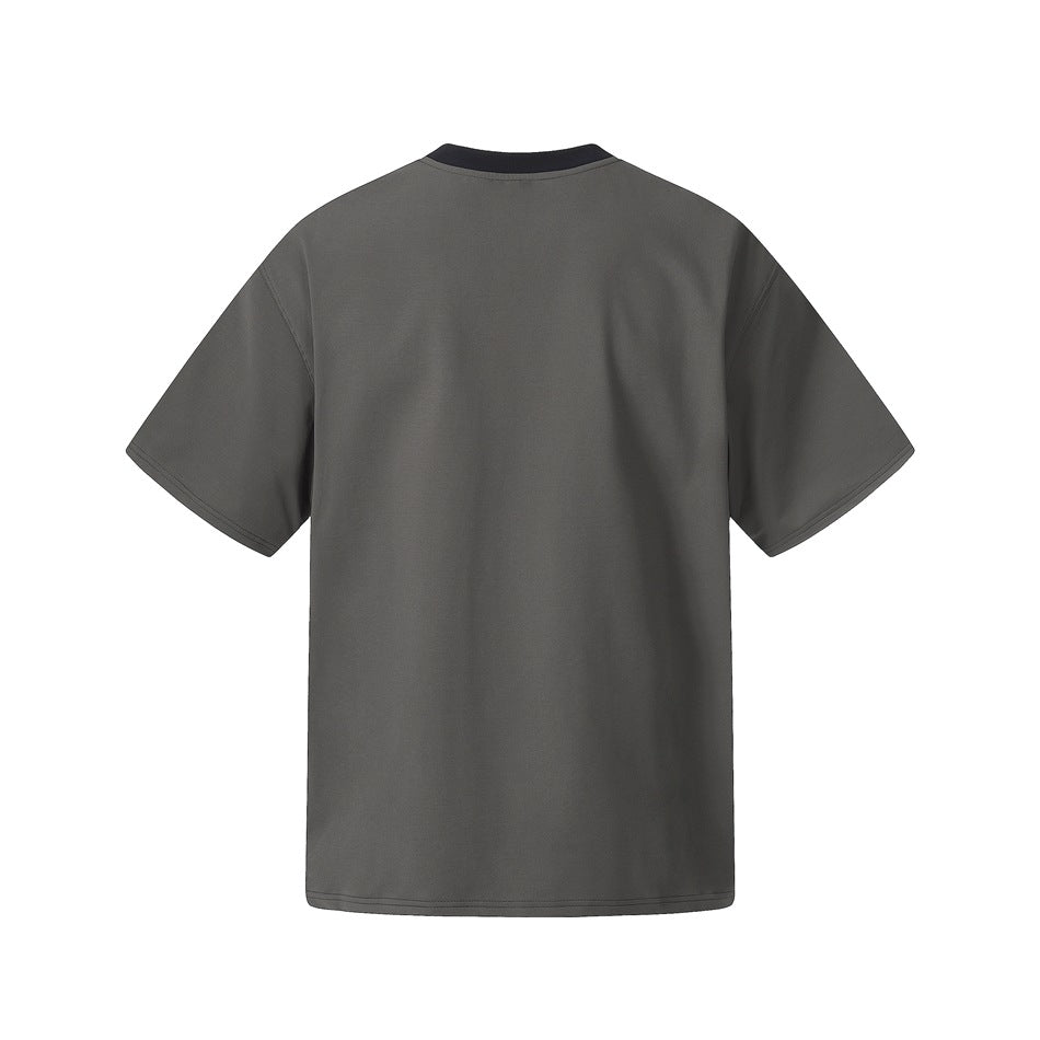 Back view of a plain charcoal gray short-sleeve T-shirt with a black crew neck collar.
