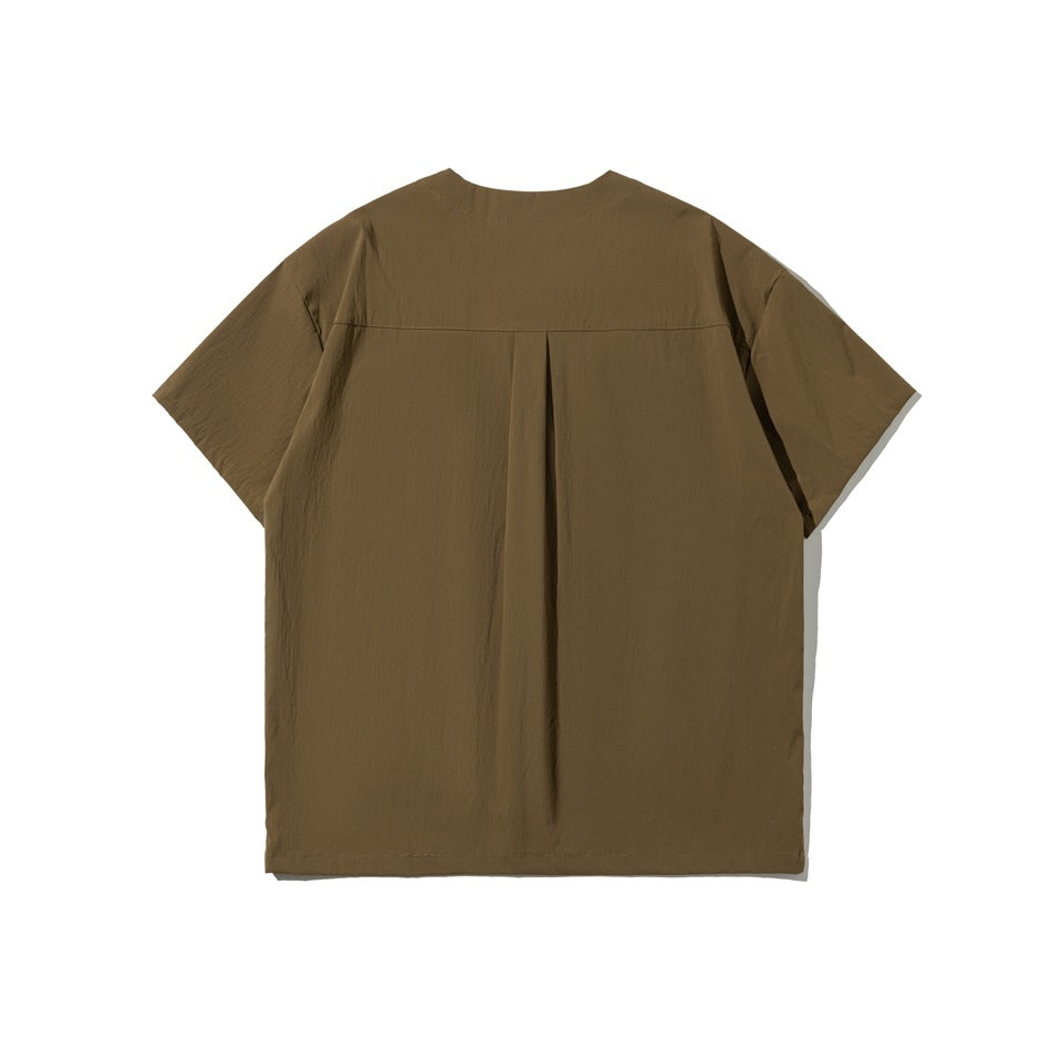 Back view of an olive-brown short-sleeve shirt with a center pleat.