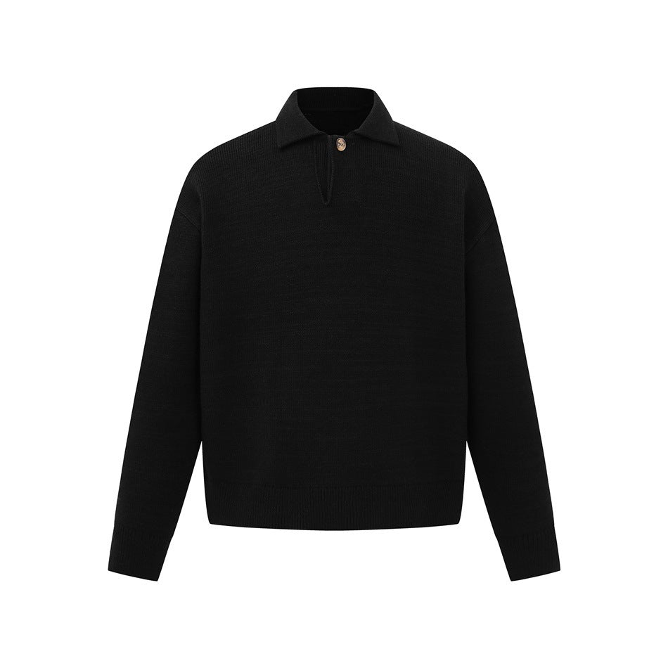 Black knit polo-style sweater with turn-down collar, single button placket and ribbed cuffs and hem, front view