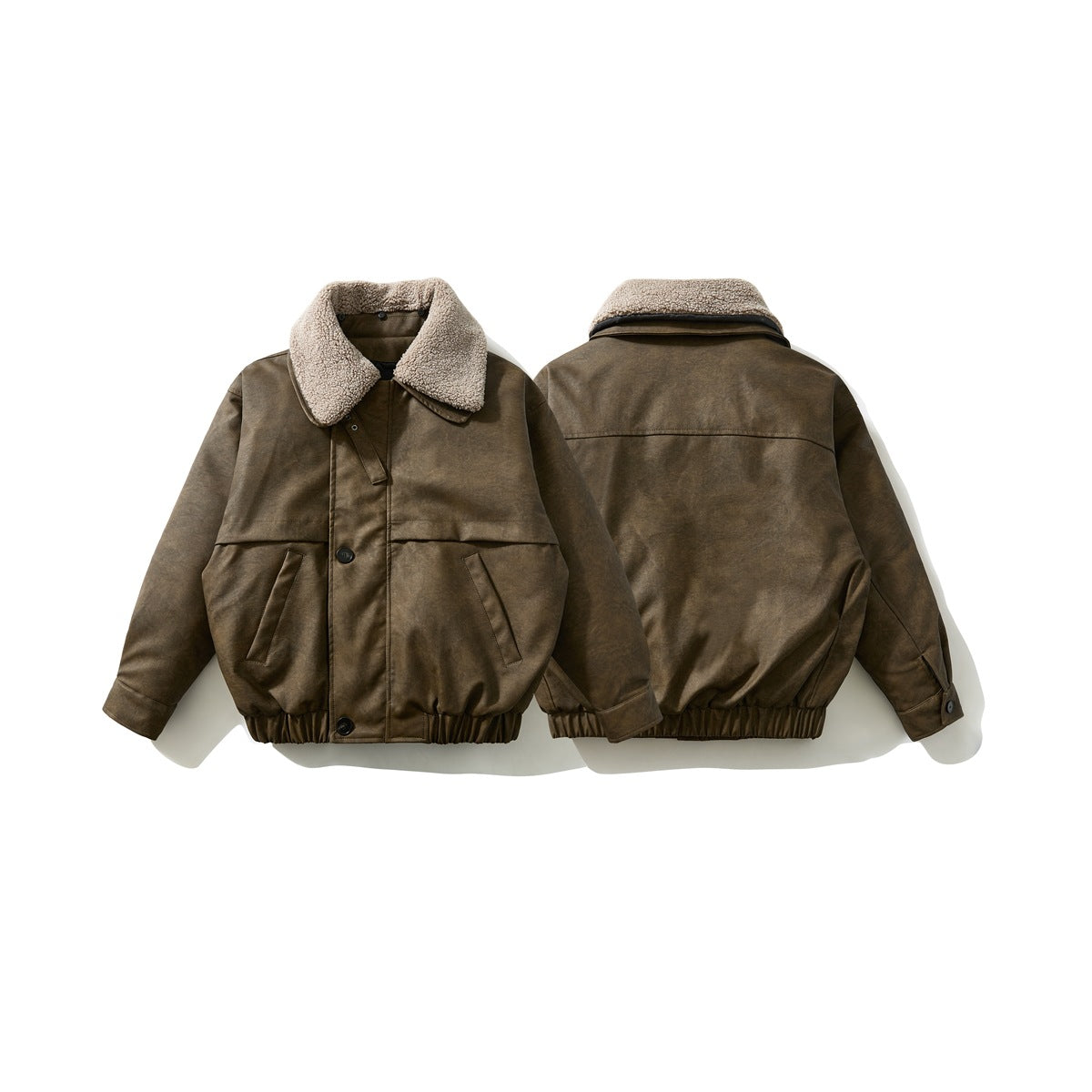 Flat lay of brown distressed jacket with fleece-like collar, front and back views side by side