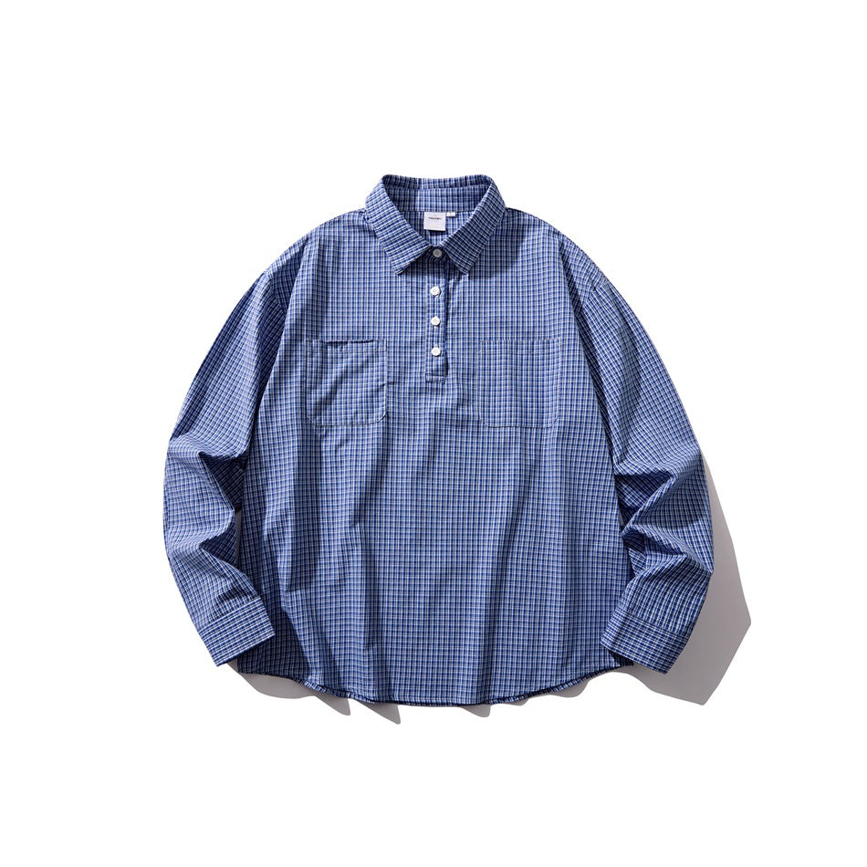 Blue small-check long-sleeve half-button shirt with chest pockets, flat front view on white background
