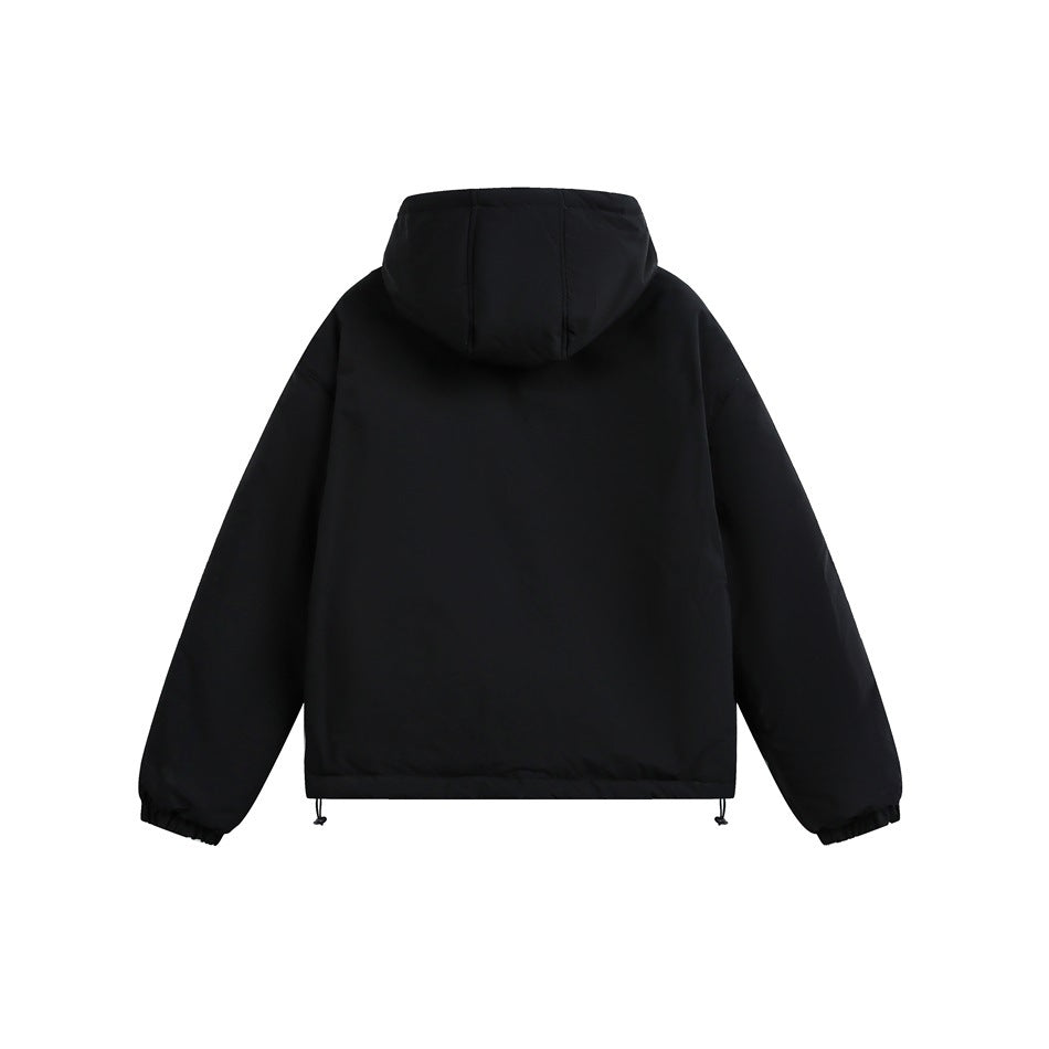 Back view of a black hooded jacket with long sleeves and adjustable drawcords at the hem.
