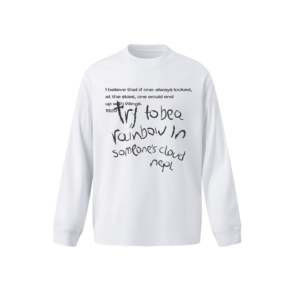 White long-sleeve crew-neck top with black typed and handwritten text graphic on the front