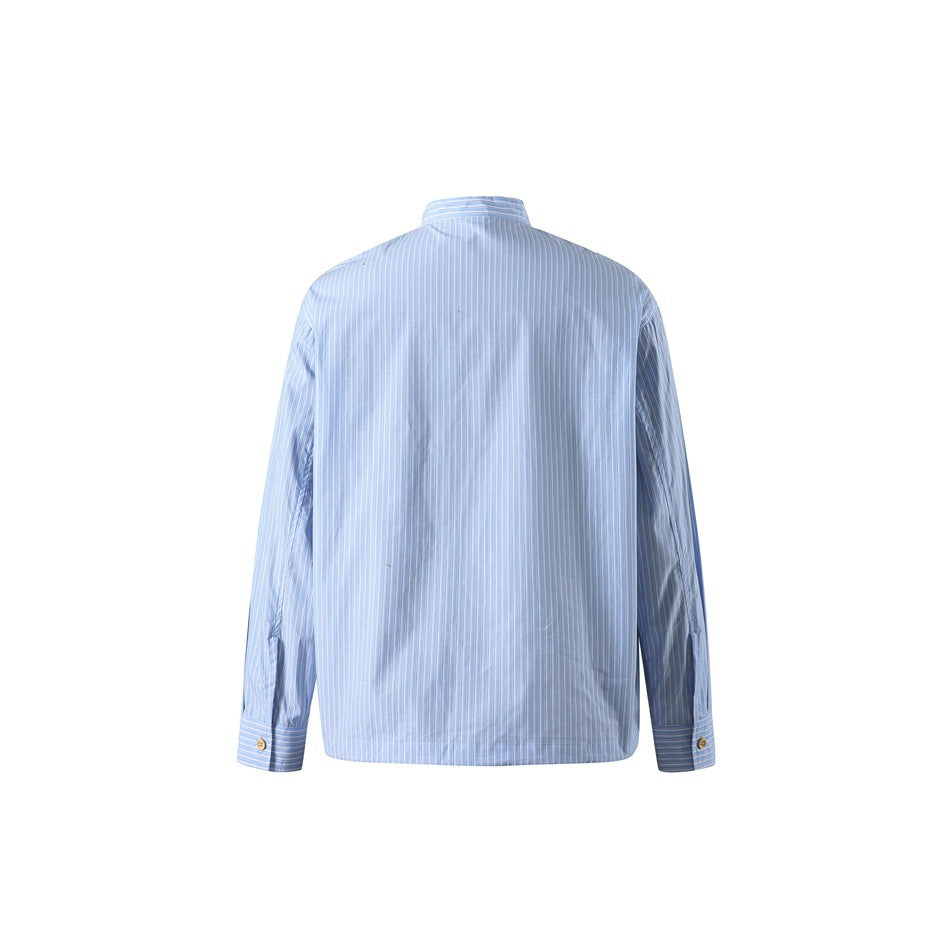 Back view of a light blue pinstriped long-sleeve shirt with a band collar and buttoned cuffs.