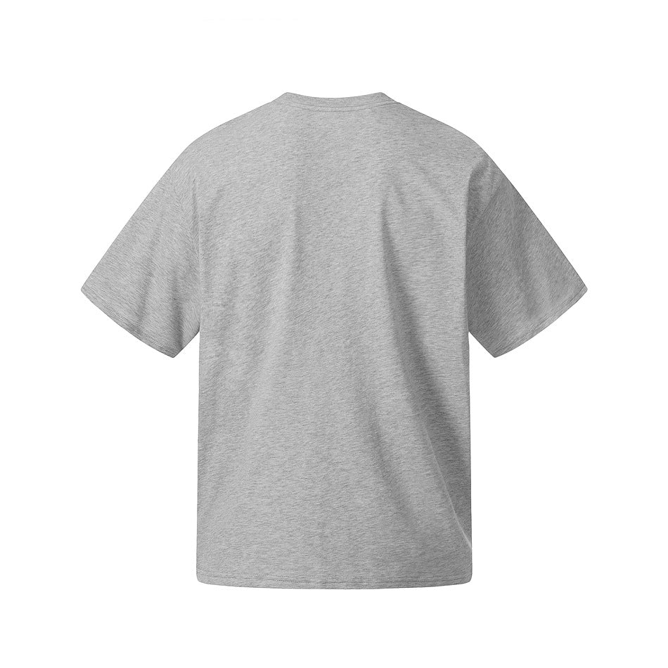Back view of a plain heather gray short-sleeve crew-neck T-shirt on a white background.