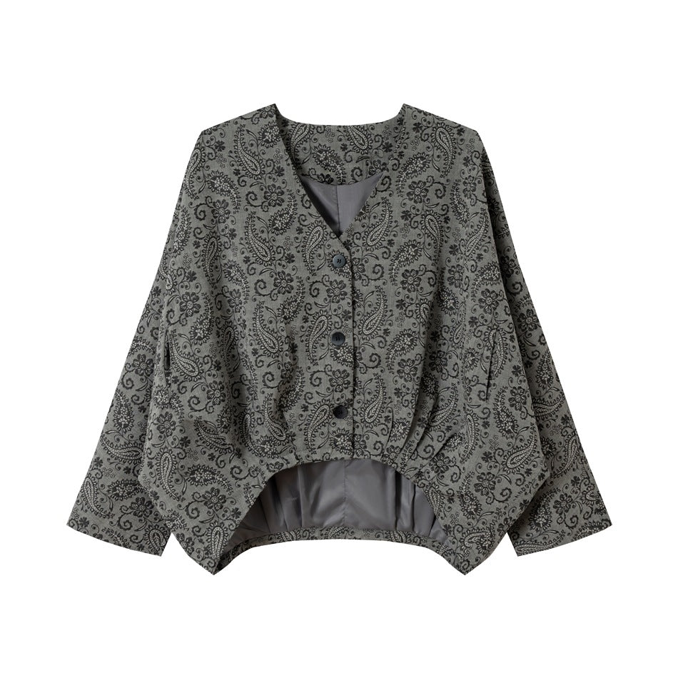 Gray paisley-print V-neck jacket with three buttons and a pleated high-low hem, flat front view