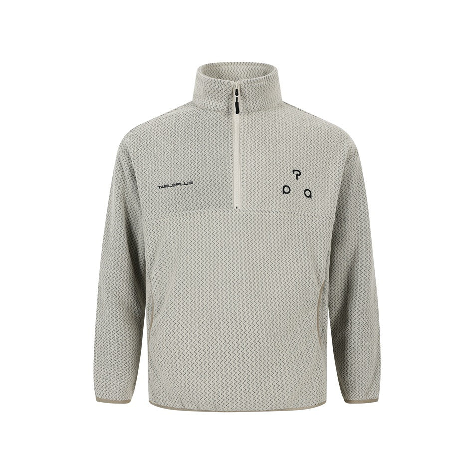 Gray half-zip pullover with stand collar and textured zigzag fleece-like fabric, front view