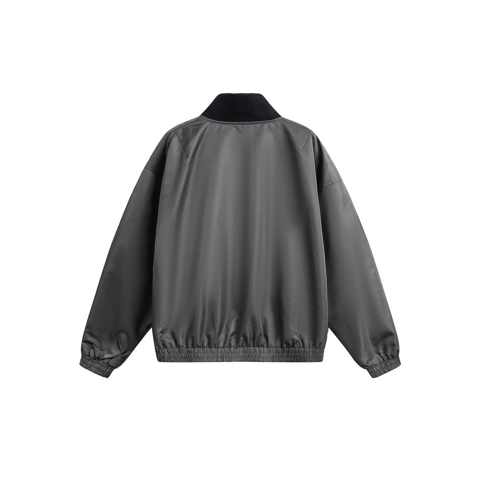 Back view of a gray bomber jacket flat lay with a dark ribbed stand collar and elastic hem and cuffs