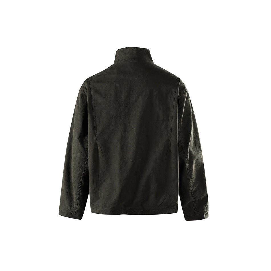 Back view of a dark olive jacket with a stand collar, long sleeves, and a plain back.