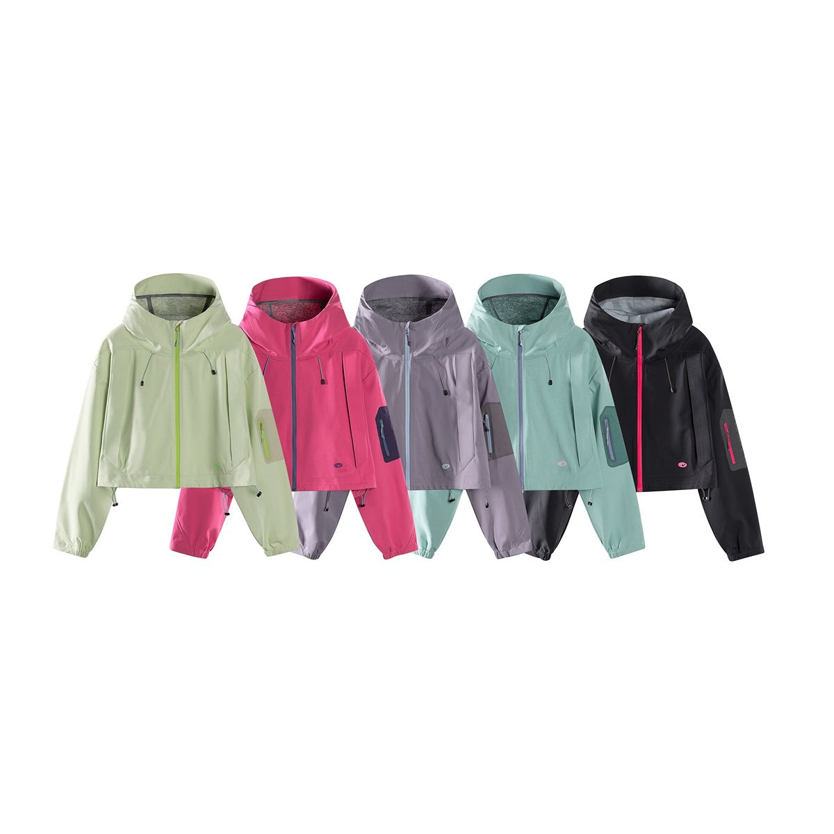 Five hooded cropped jackets shown side by side in pale green, pink, lavender, mint, and black.