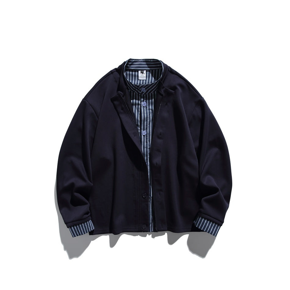 Navy button-front jacket with faux two-piece blue striped shirt underlayer, flat lay