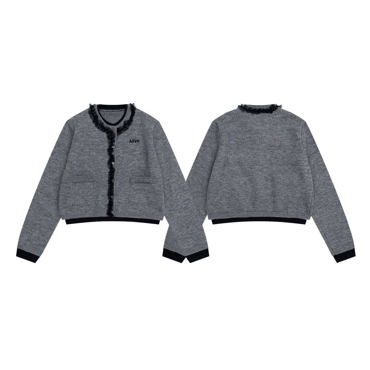 Gray cropped knit cardigan shown from the front and back, with black ruffle trim, buttons, pockets, and contrast cuffs and
