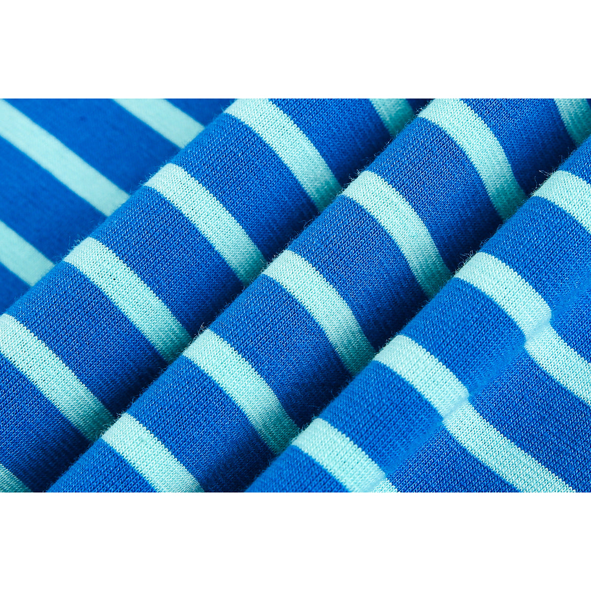 Macro view of gathered blue and pale aqua striped knit fabric.