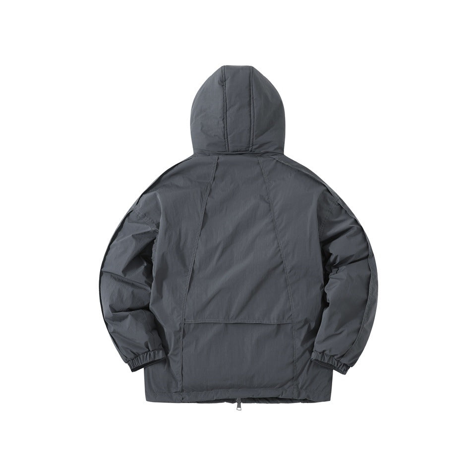 Back view of a dark charcoal hooded jacket with panel seams and elastic cuffs.