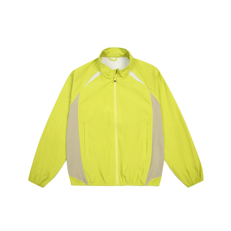 Yellow-green zip-up stand-collar jacket with beige side panels, flat front view