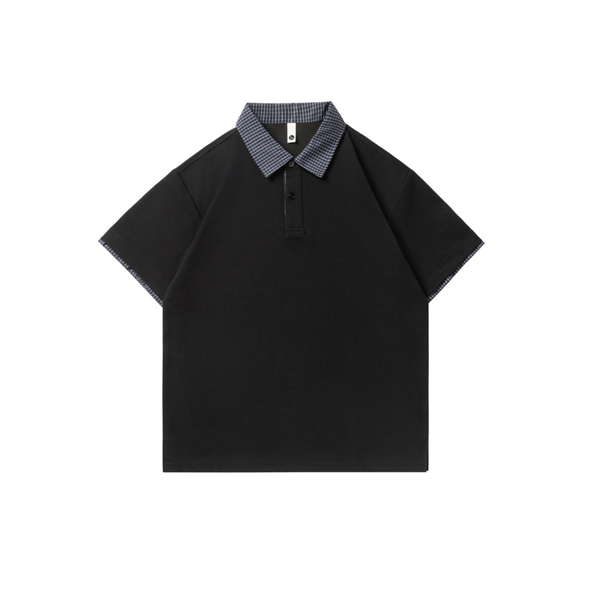 Black short-sleeve polo shirt with navy checked collar and cuff trim, flat front view