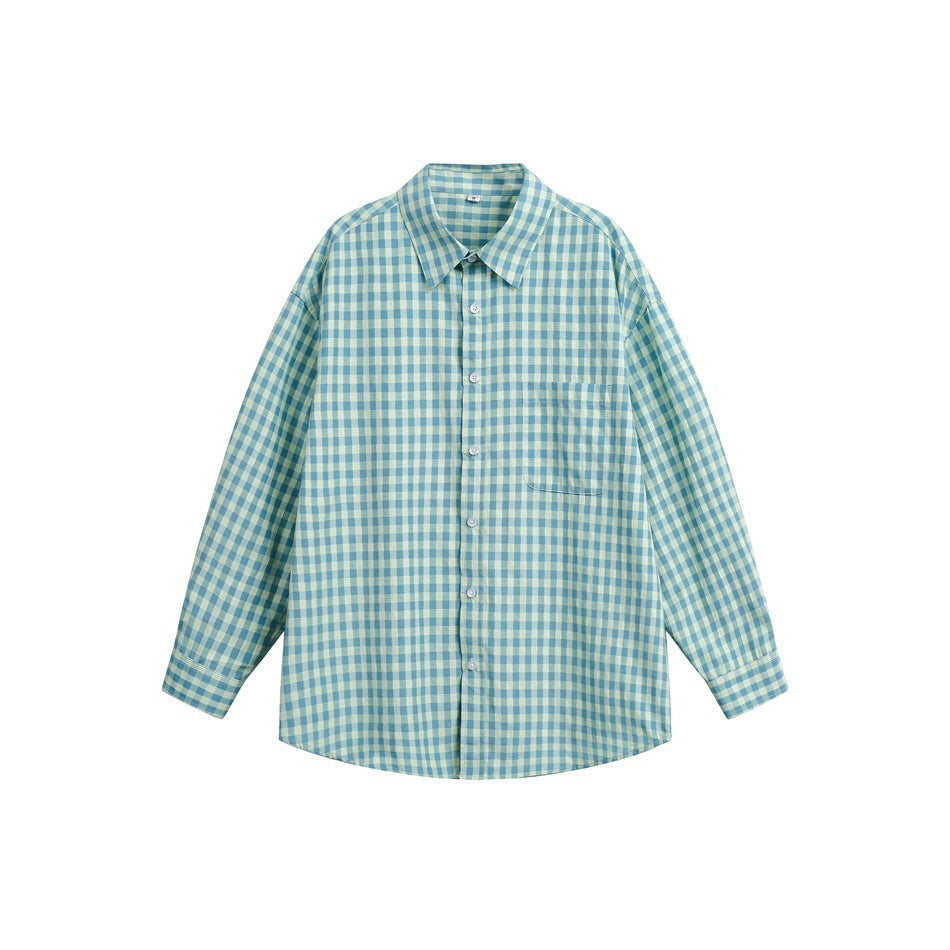Teal-green and pale yellow gingham long-sleeve button-up shirt with chest pocket, flat lay on white background