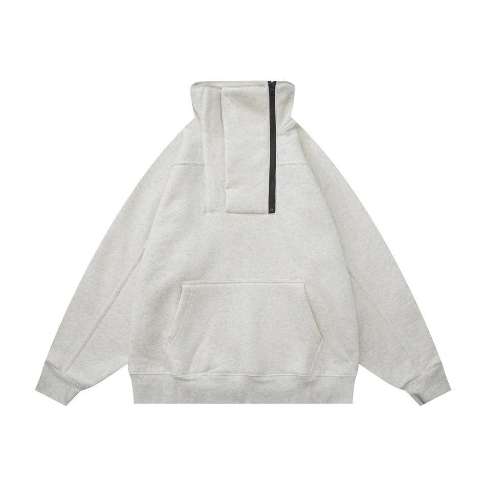 Light heather gray sweatshirt with high collar, diagonal zipper and kangaroo pocket, flat front view