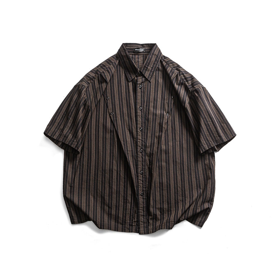Front view of a dark brown and black vertically striped short-sleeve button-up shirt on a white background.