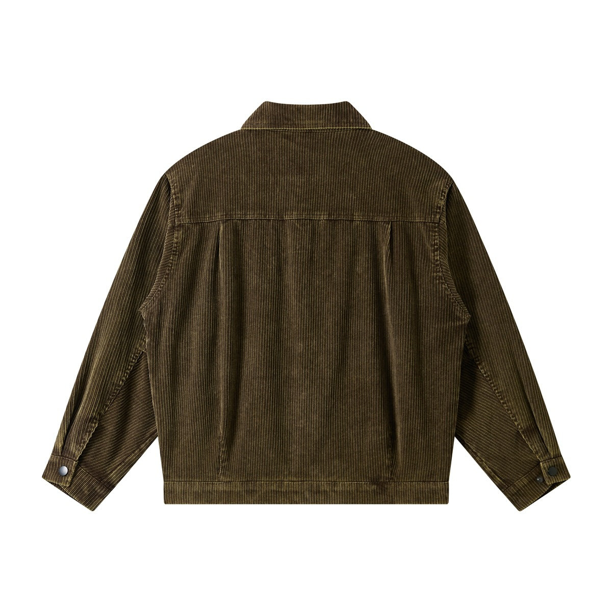 Back view of a brown corduroy jacket laid flat, with a back yoke, long sleeves, and snap cuffs.