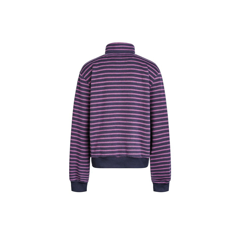 Back view of a high-neck sweatshirt with purple and dark navy horizontal stripes and solid ribbed cuffs and hem.