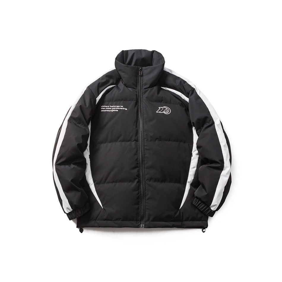 Black quilted stand-collar zip jacket with white contrast side panels, elastic cuffs and chest print, flat front view