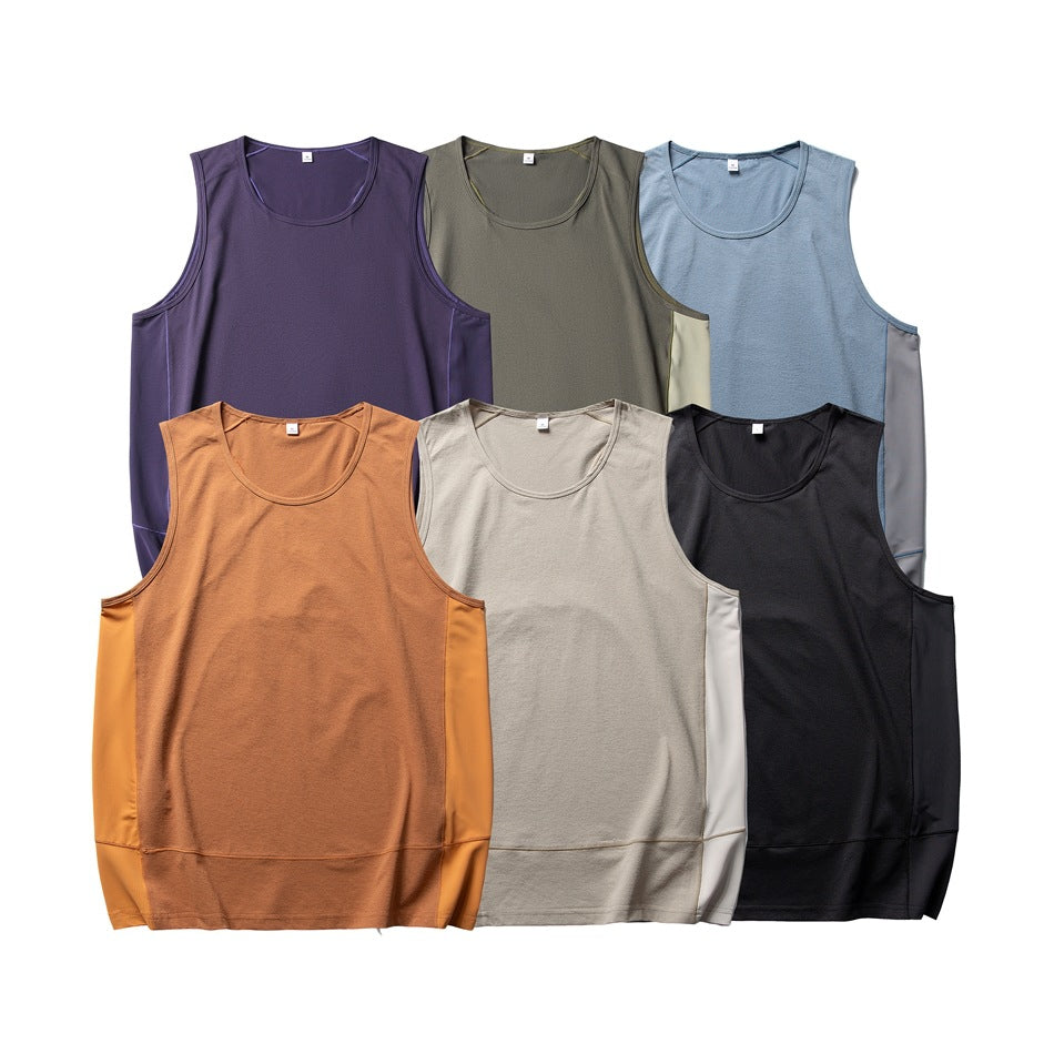 Six sleeveless tanks displayed flat in purple, olive, blue, rust, beige, and black.