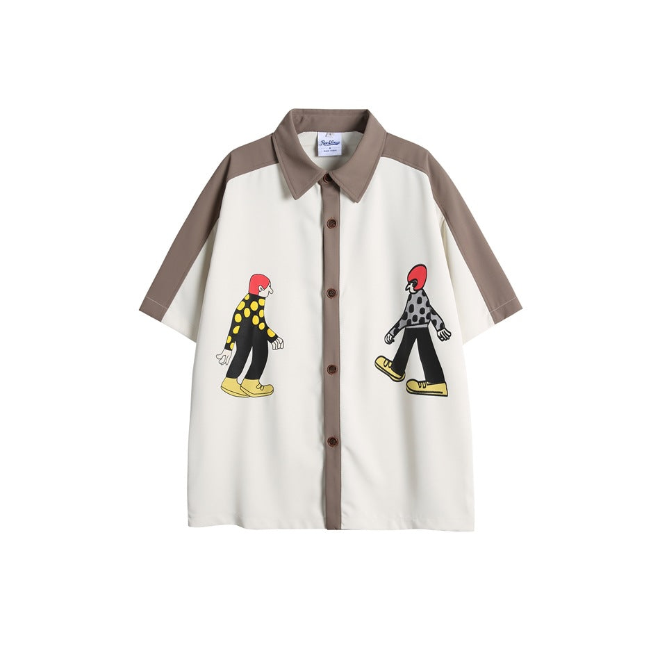 Off-white short-sleeve button shirt with taupe contrast collar and sleeves and two printed cartoon figures