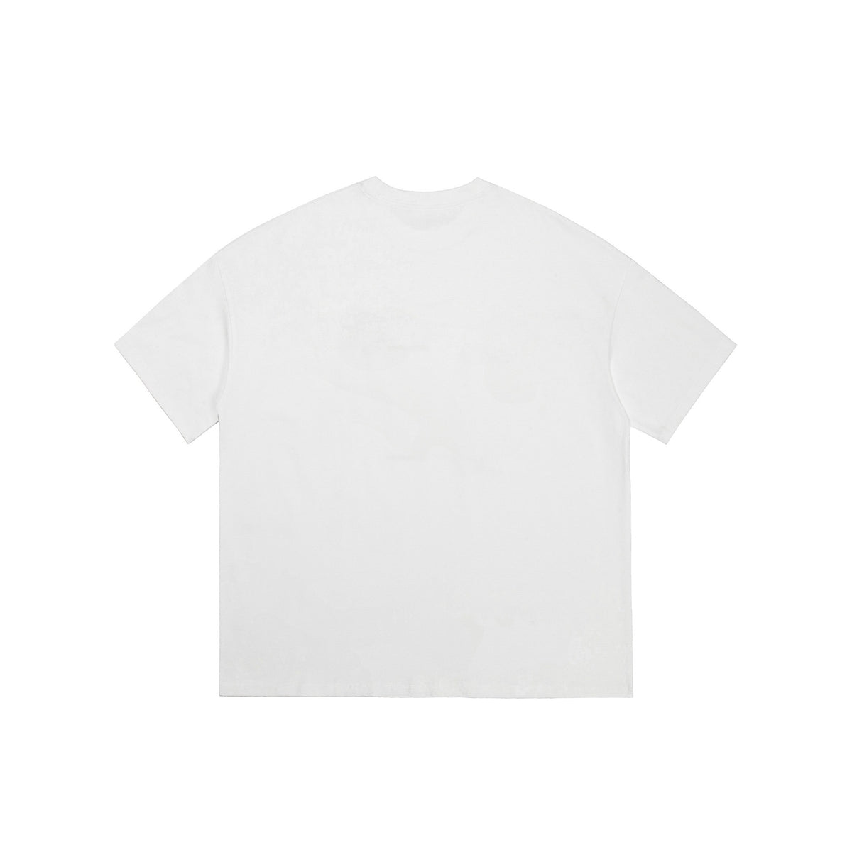 Back view of a plain white short-sleeve crewneck T-shirt with dropped shoulders, flat lay