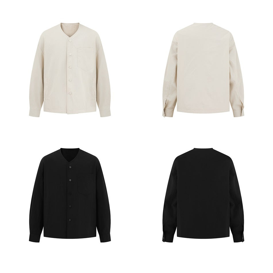 Front and back views of beige and black collarless button-front jackets in a four-panel layout