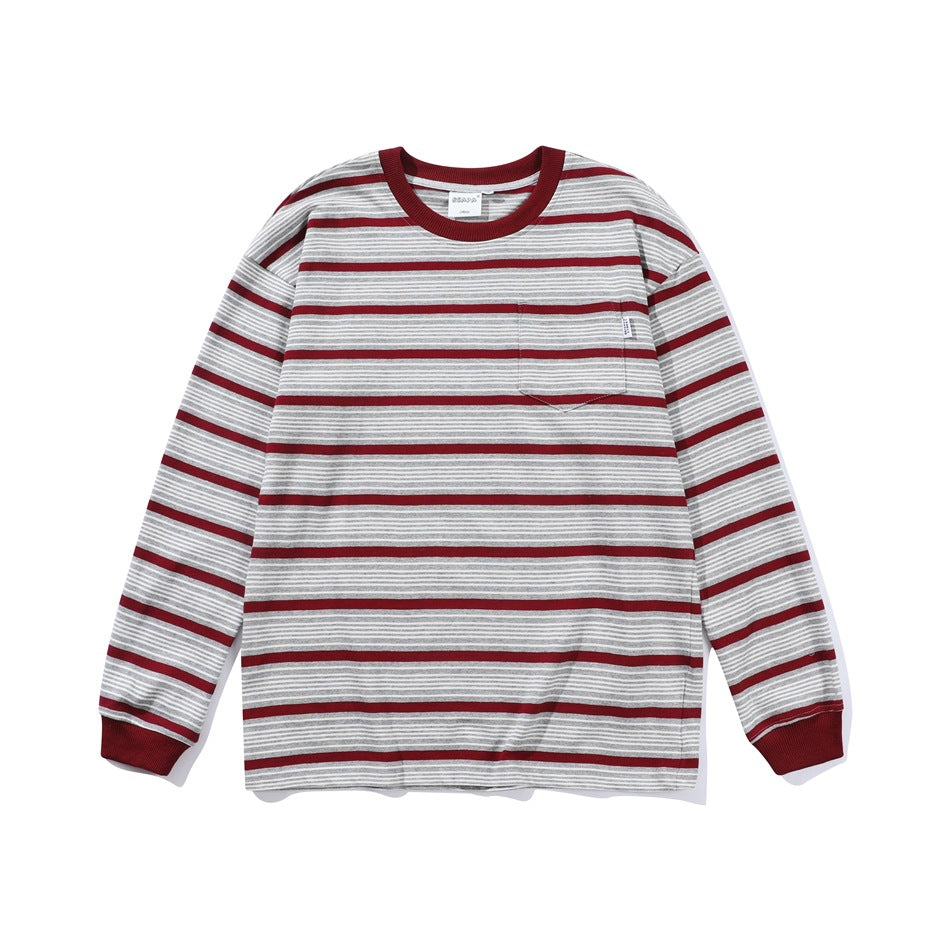 Gray long-sleeve striped crew-neck top with red stripes, red collar and cuffs, and chest pocket, flat lay front