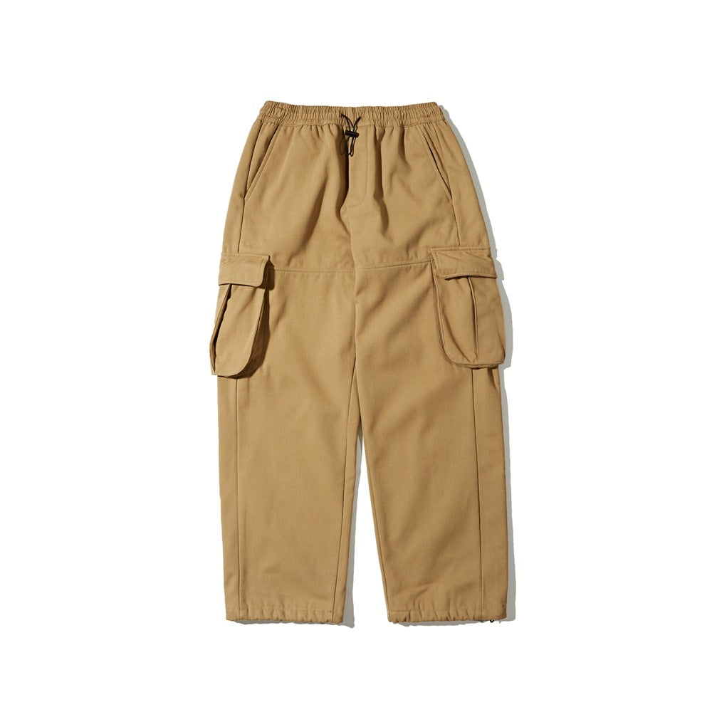 Khaki wide-leg cargo pants flat lay with elastic drawcord waist and large flap thigh pockets