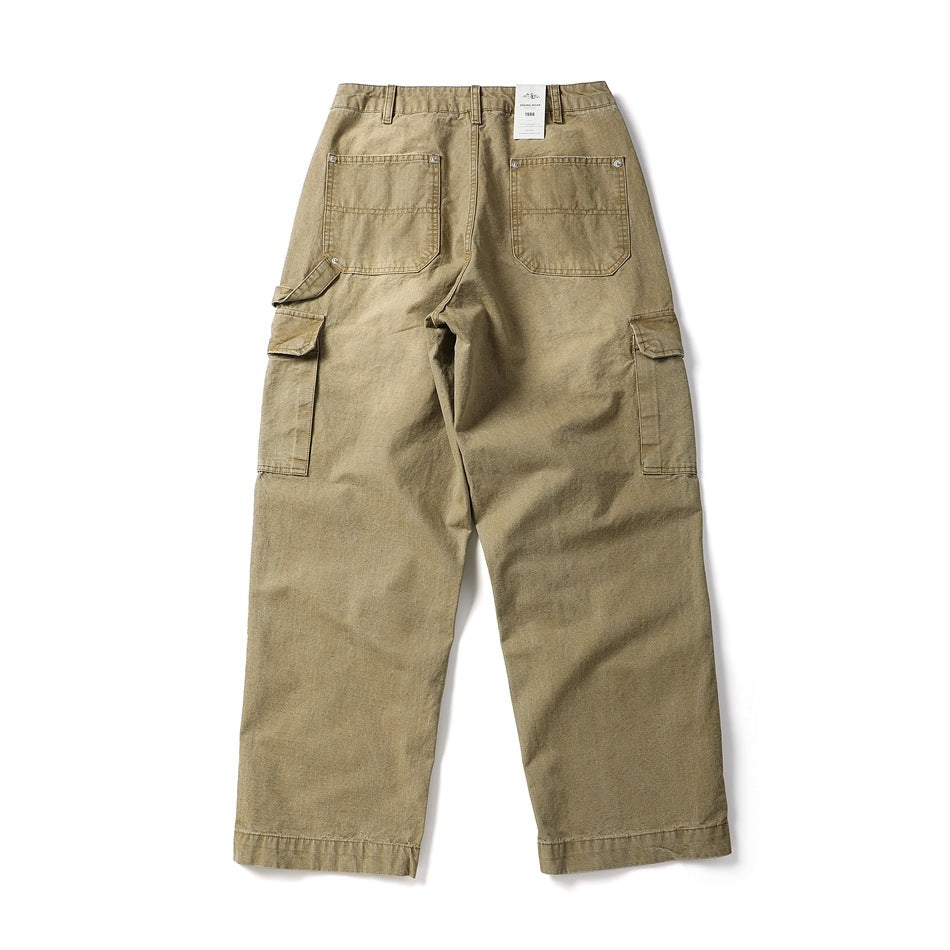 Full back view of khaki wide-leg cargo pants with two patch pockets and side cargo pockets.