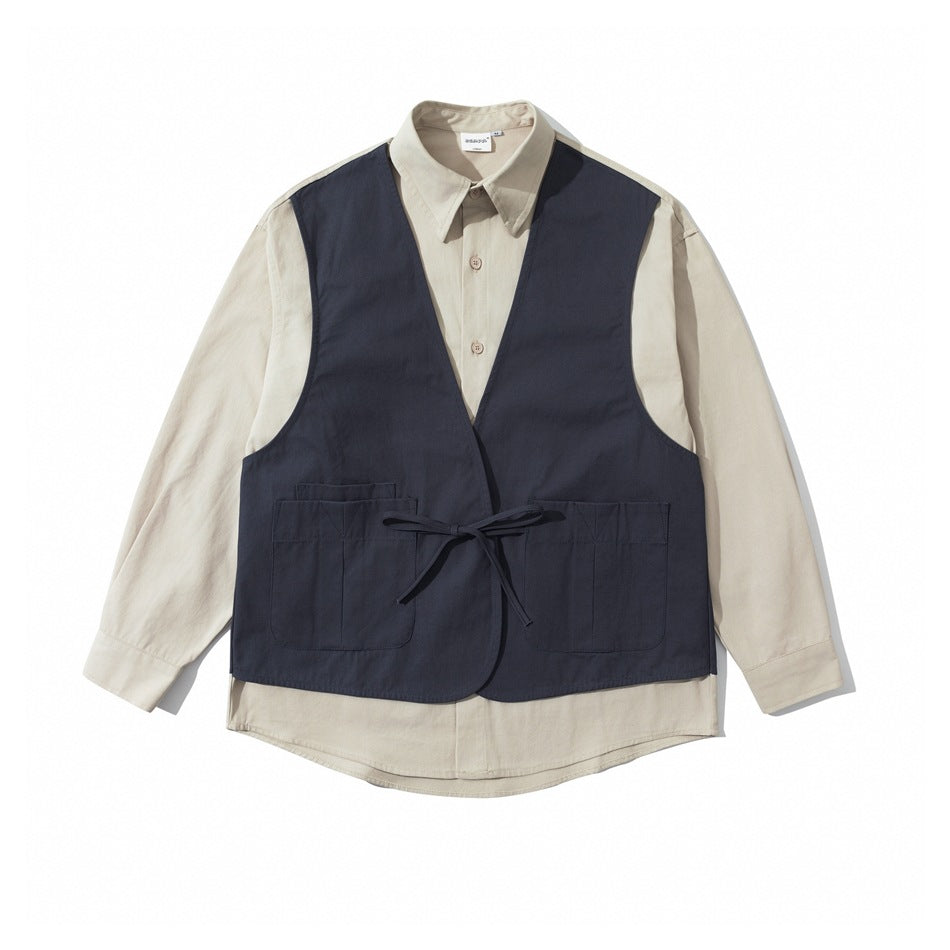 Blue colorway flat lay: navy tie-front vest panel with pockets over a beige long-sleeve collared shirt