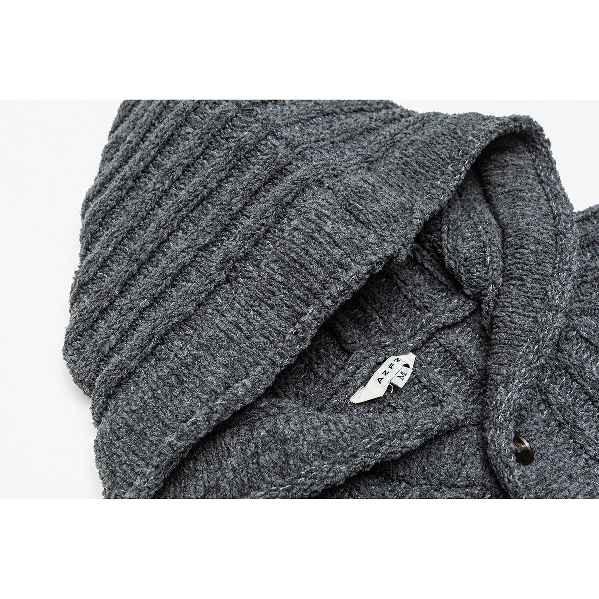 Close-up of a charcoal gray rib-knit hooded cardigan showing the collar, buttons, and size label.